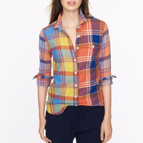 J. Crew Tops - J. Crew Boy Shirt Button Down Orange Plaid